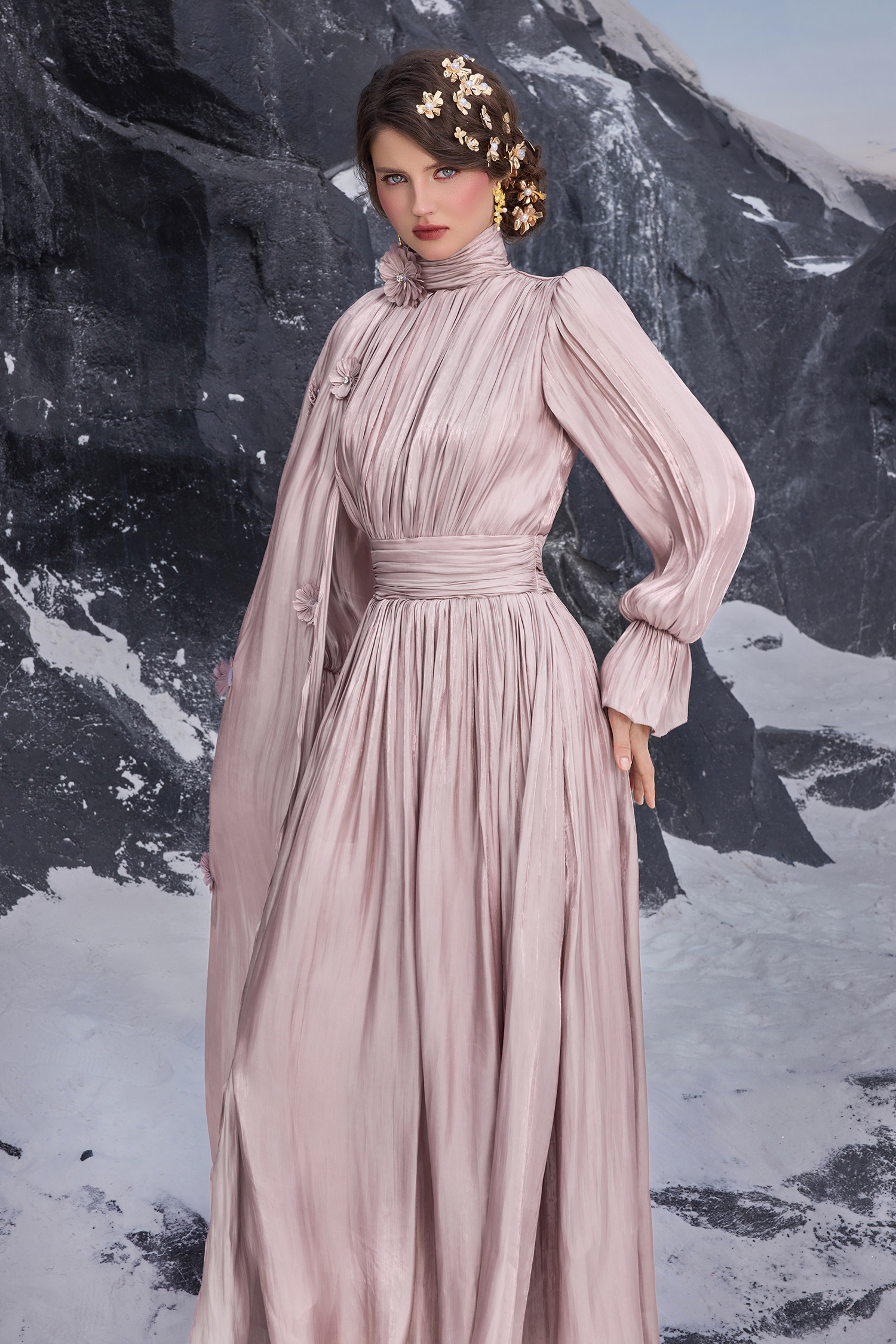 3D Flower Gathering Cape Maxi Dress