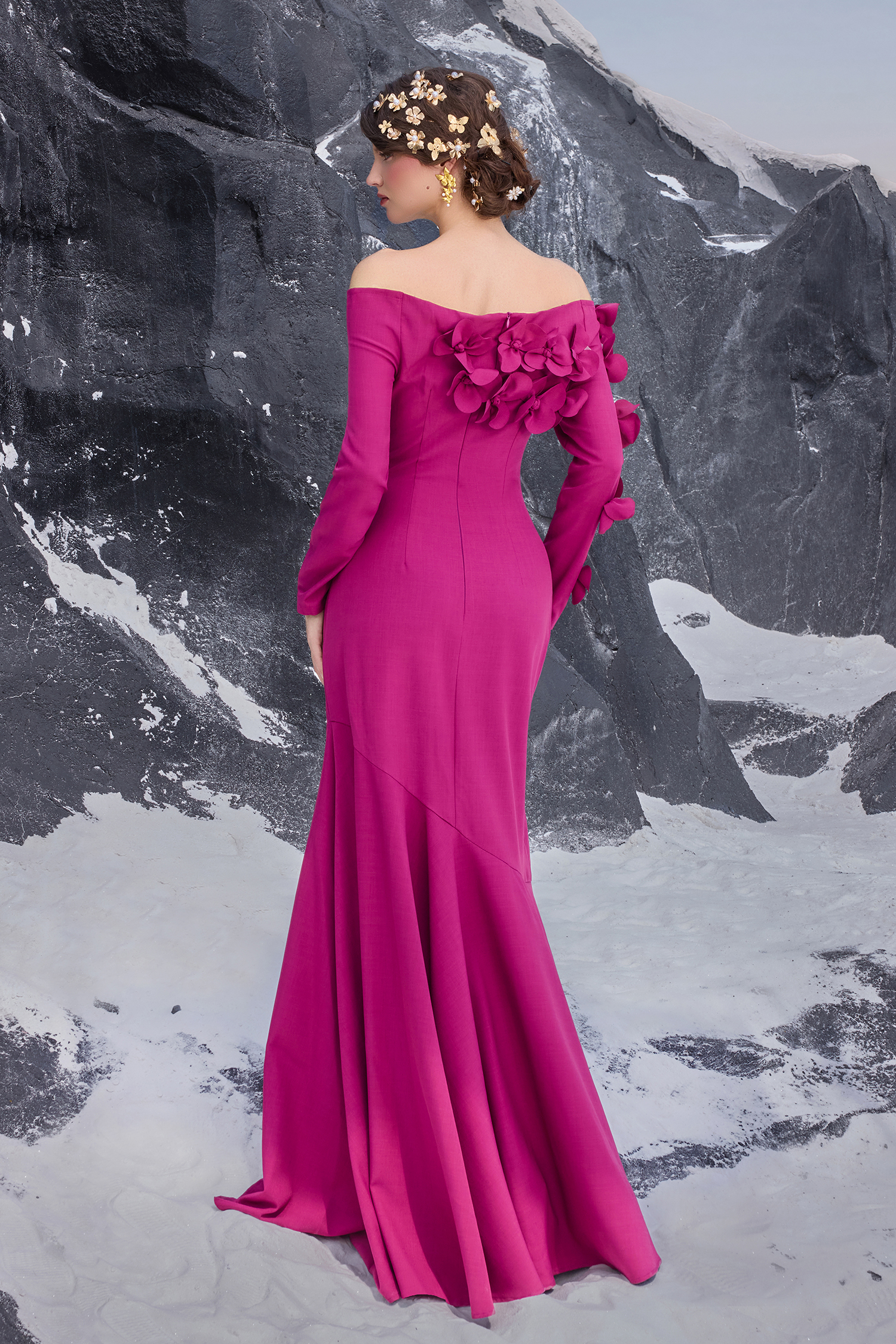 3D Flower Off-Shoulder Solid Maxi Dress