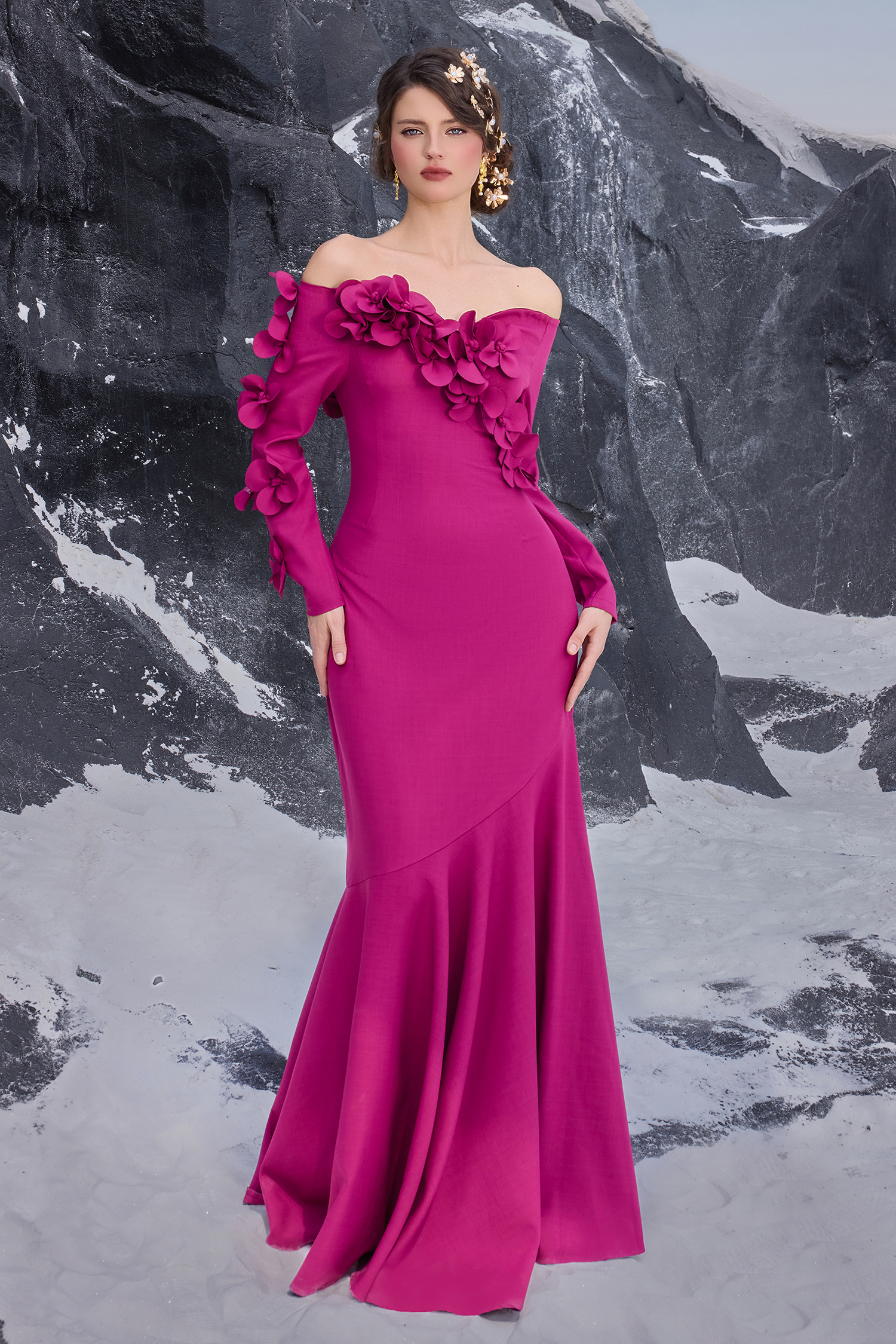 3D Flower Off-Shoulder Solid Maxi Dress