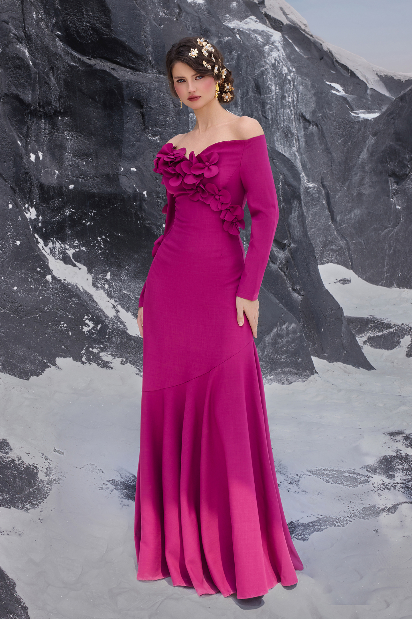 3D Flower Off-Shoulder Solid Maxi Dress