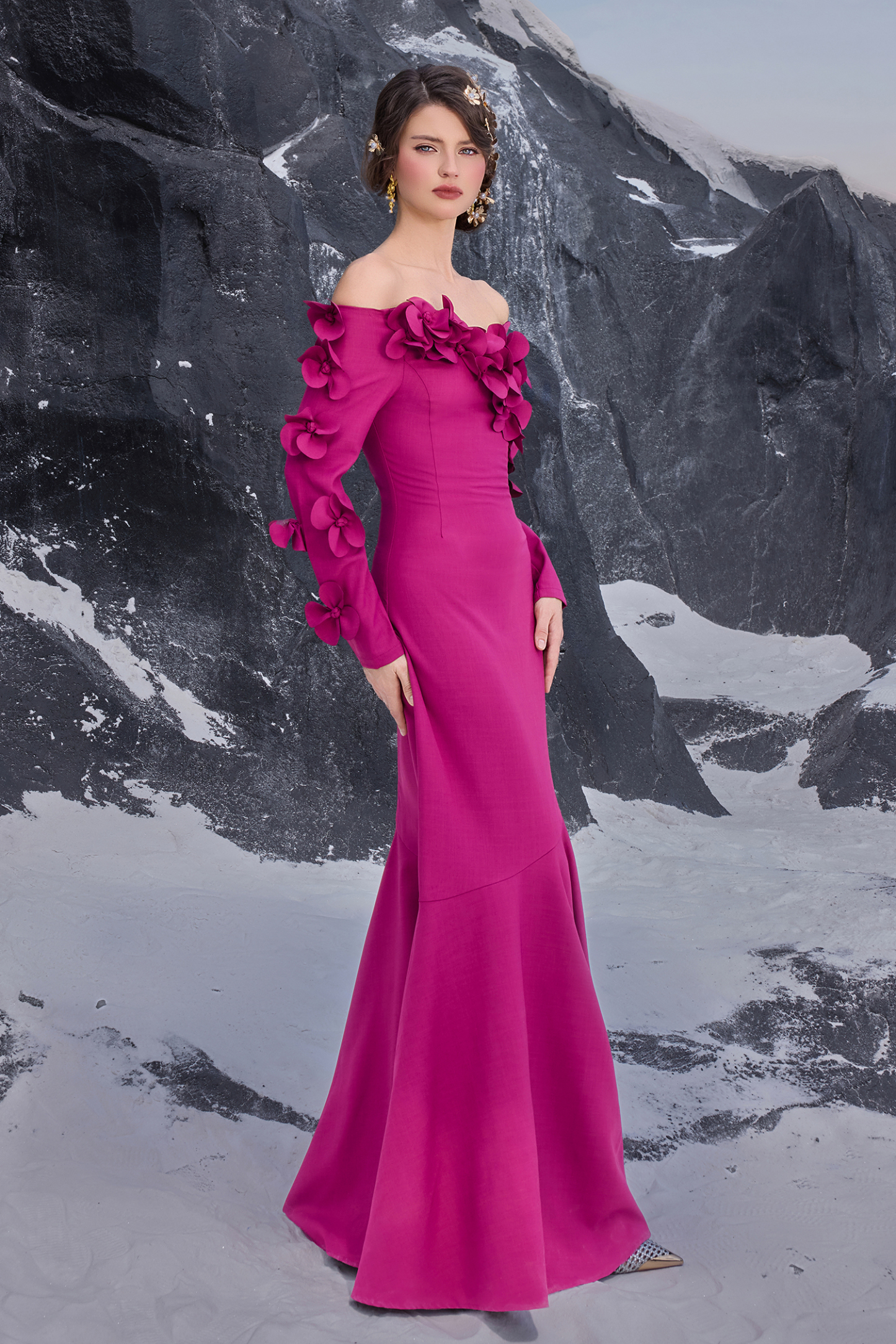 3D Flower Off-Shoulder Solid Maxi Dress