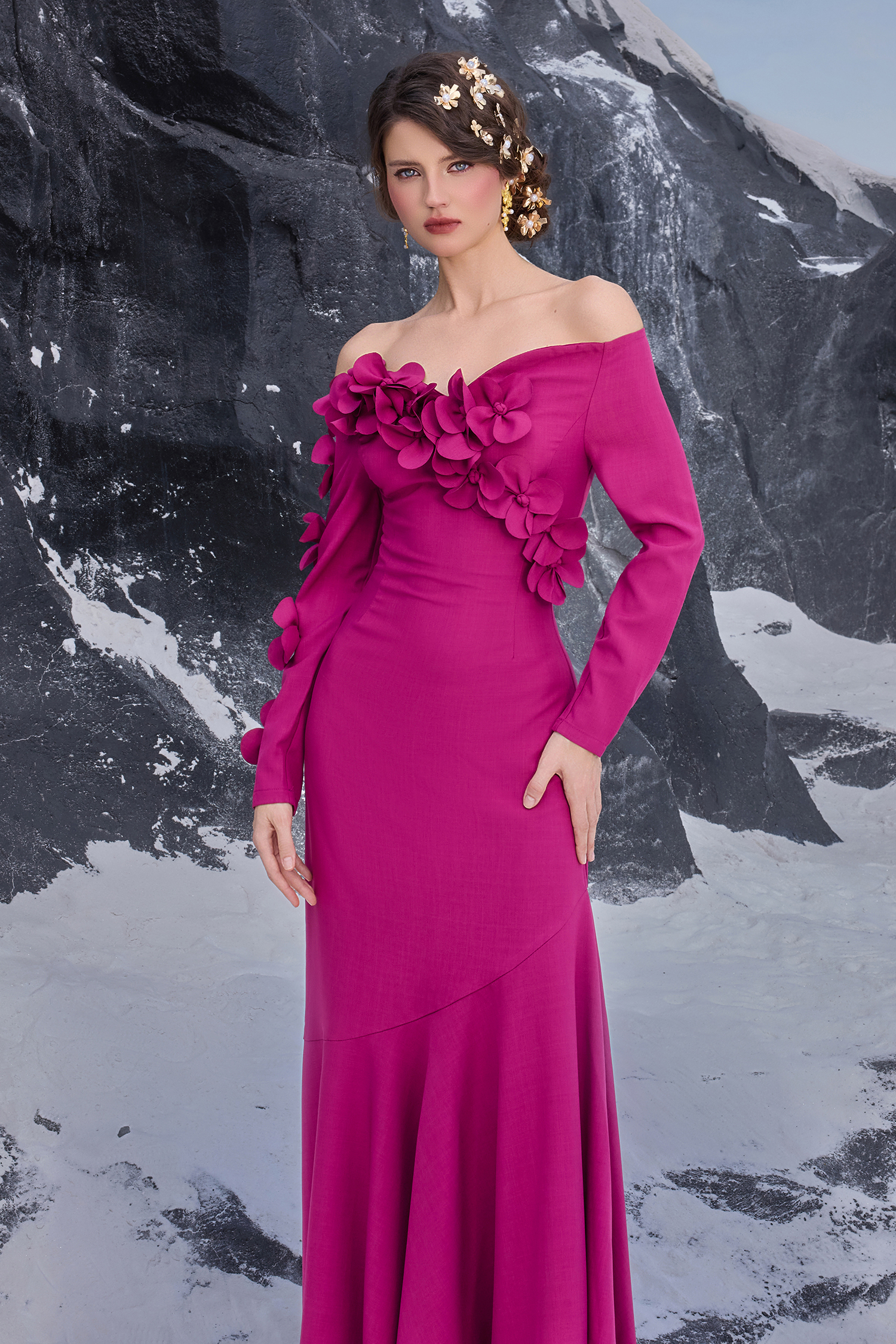 3D Flower Off-Shoulder Solid Maxi Dress