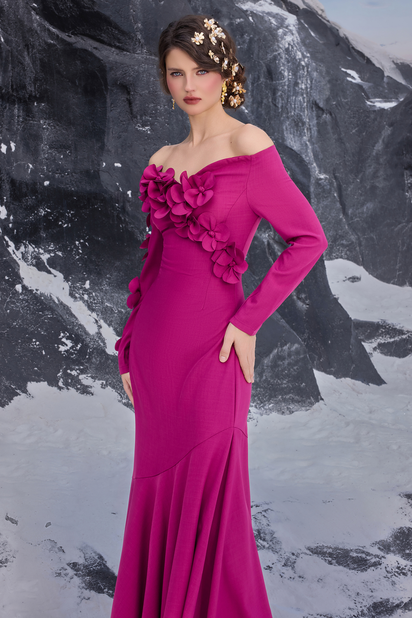 3D Flower Off-Shoulder Solid Maxi Dress