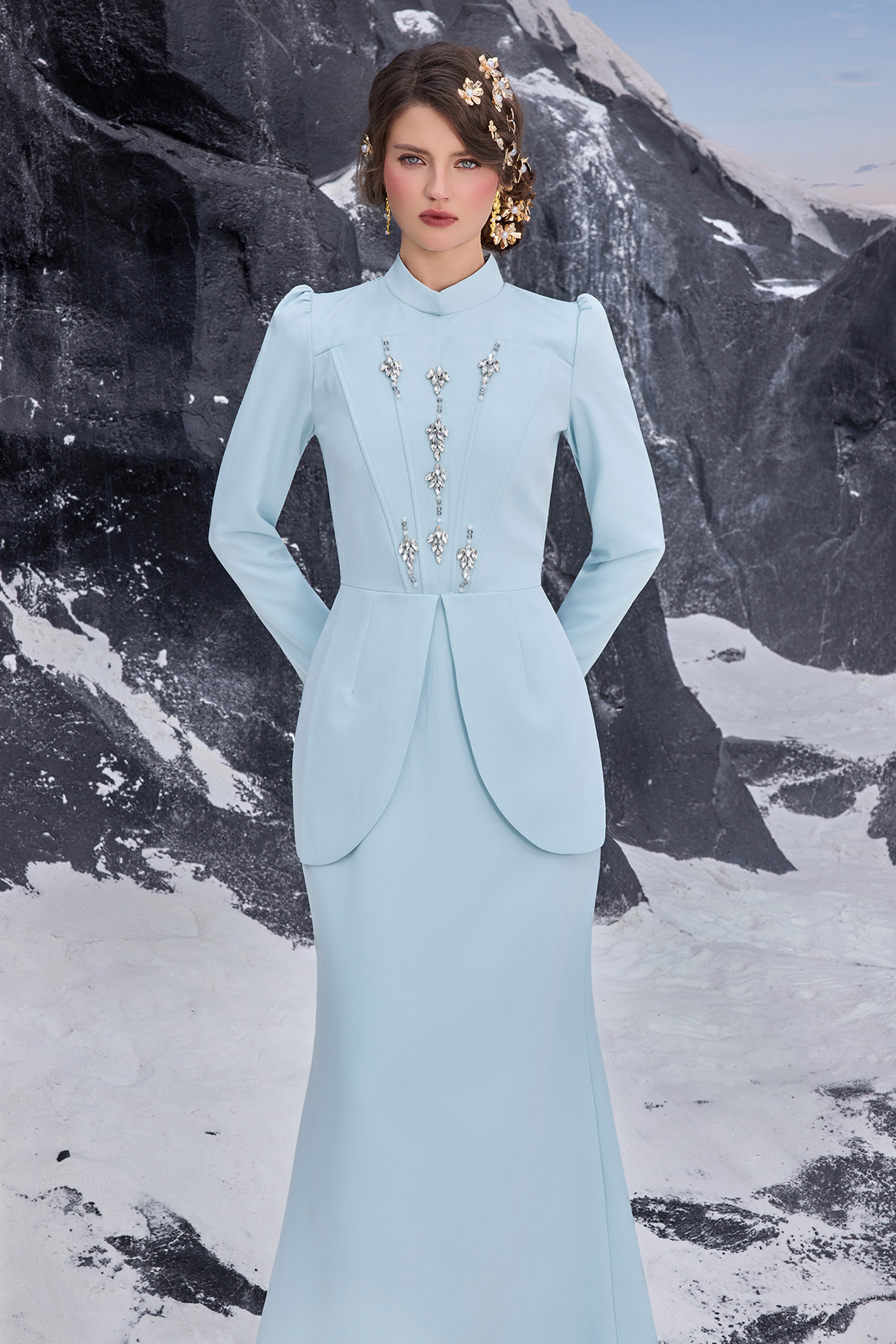 Solid Stand Collar Rhinestone Maxi Dress