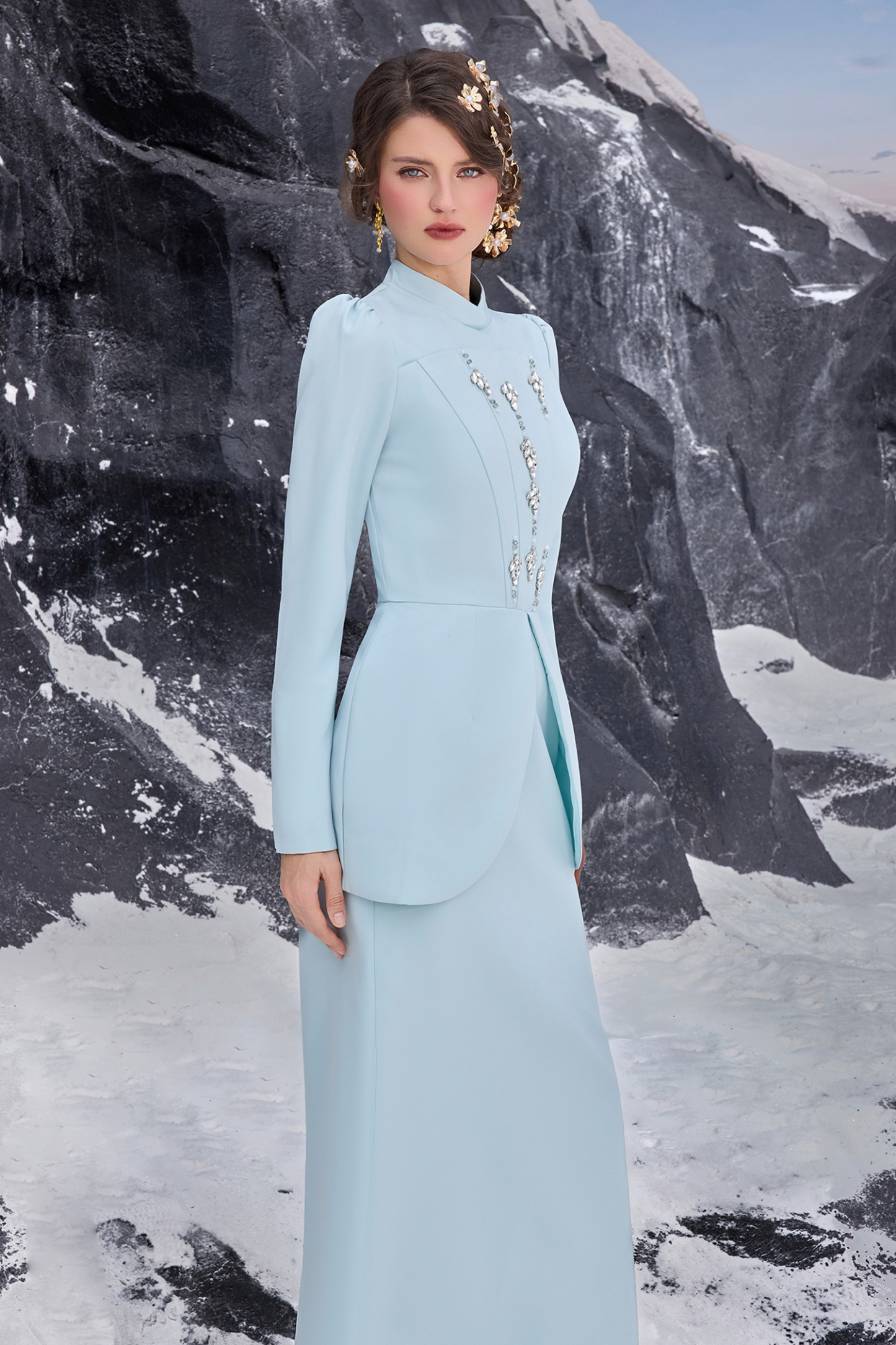 Solid Stand Collar Rhinestone Maxi Dress