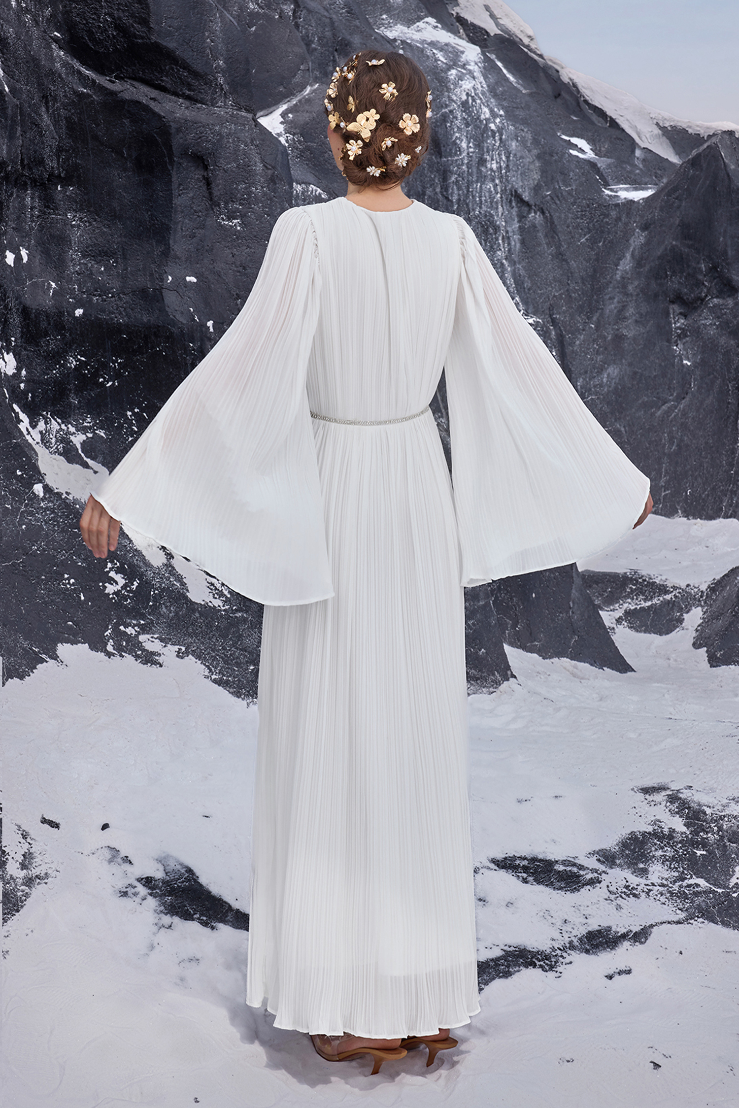 Chiffon Pleated Rhinestone Maxi Dress