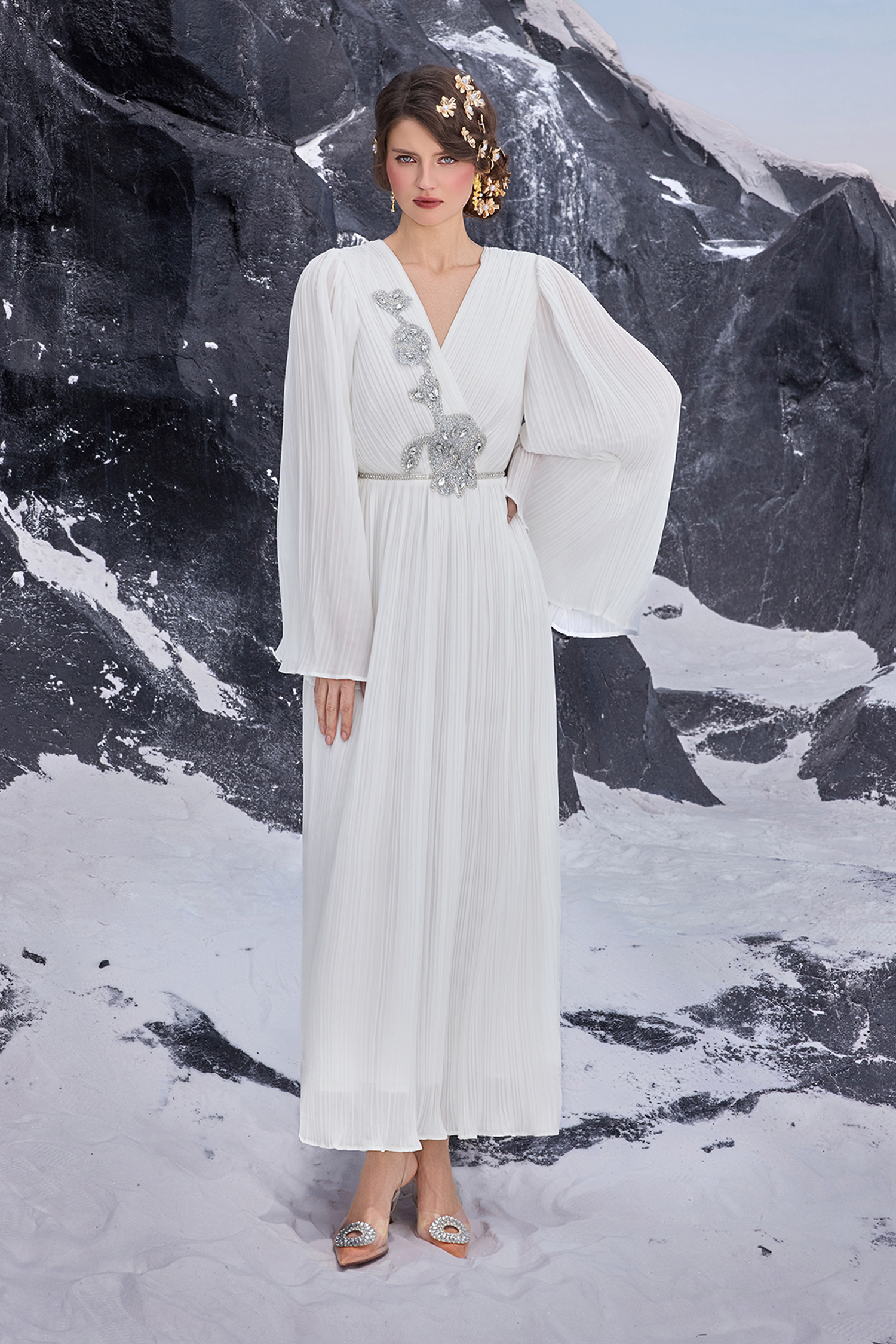 Chiffon Pleated Rhinestone Maxi Dress