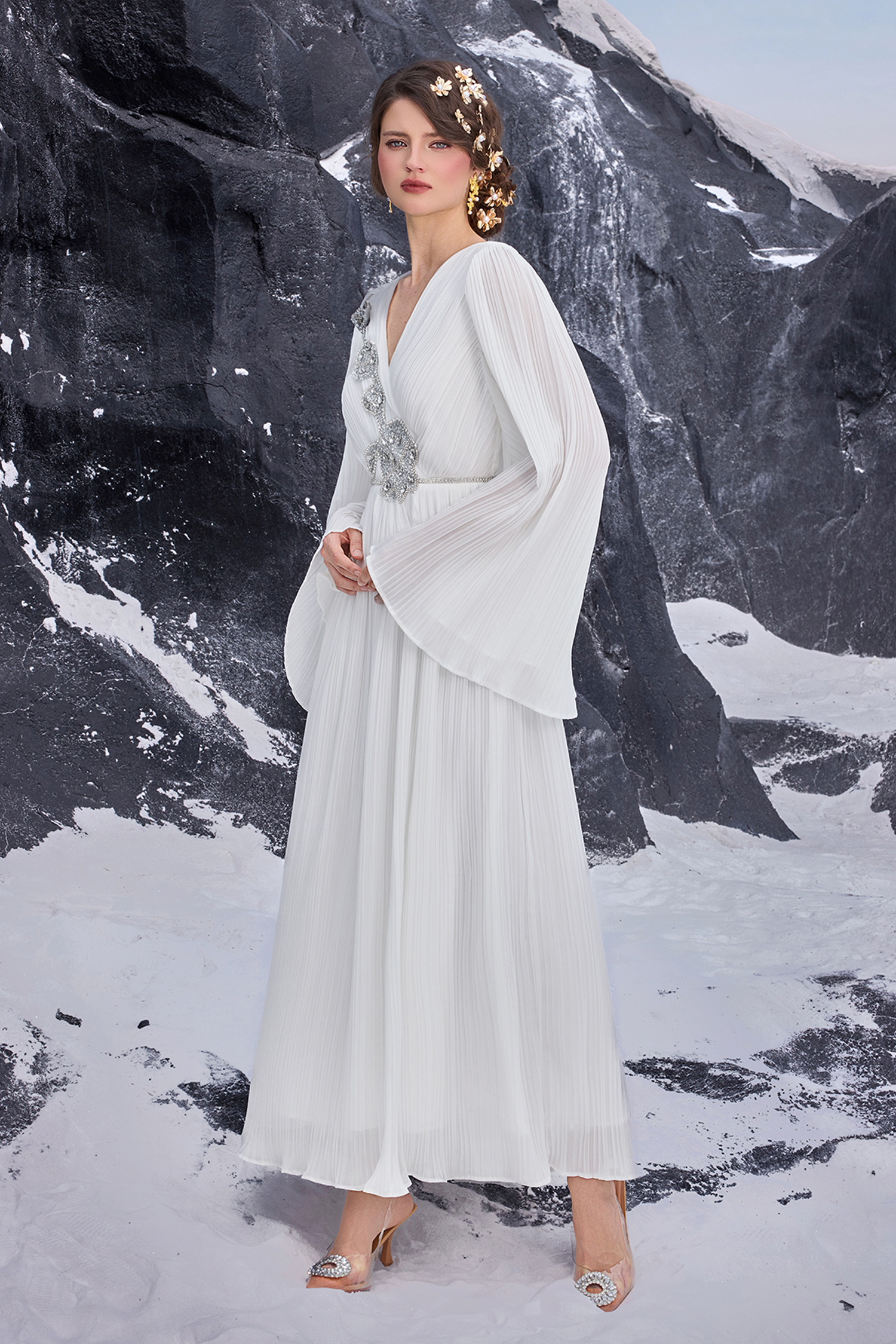 Chiffon Pleated Rhinestone Maxi Dress