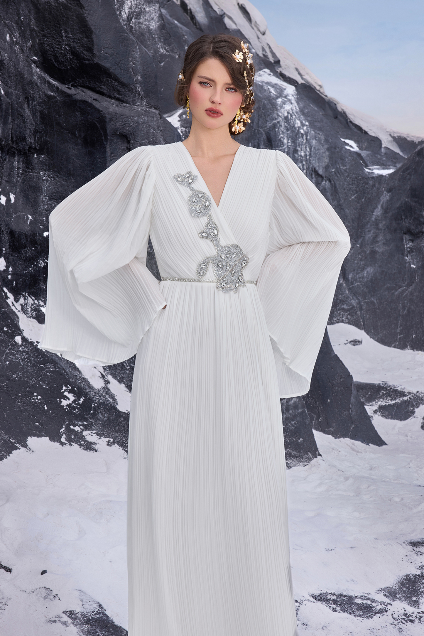 Chiffon Pleated Rhinestone Maxi Dress