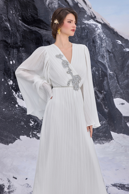 Chiffon Pleated Rhinestone Maxi Dress