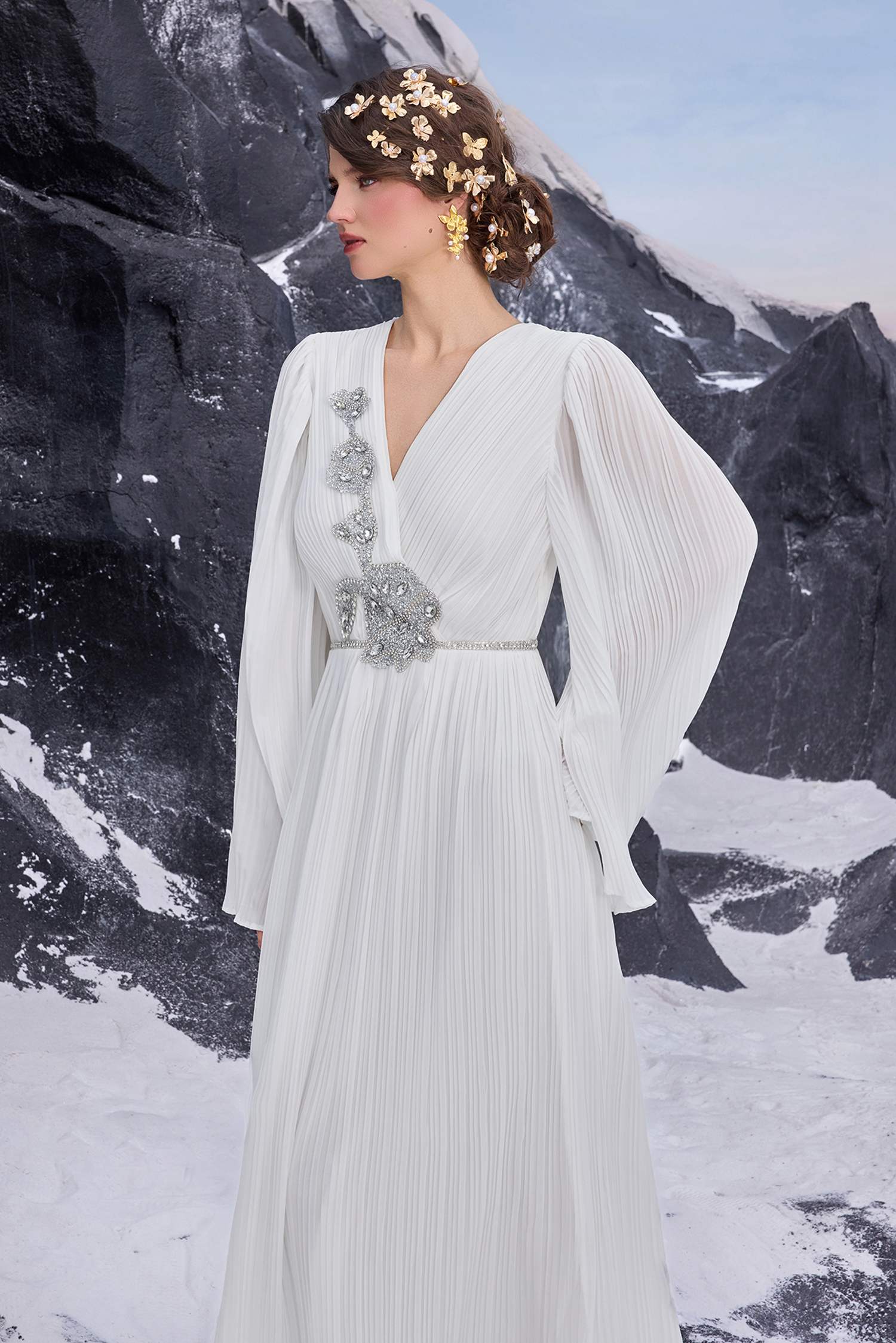 Chiffon Pleated Rhinestone Maxi Dress