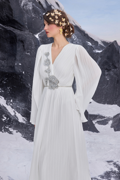 Chiffon Pleated Rhinestone Maxi Dress