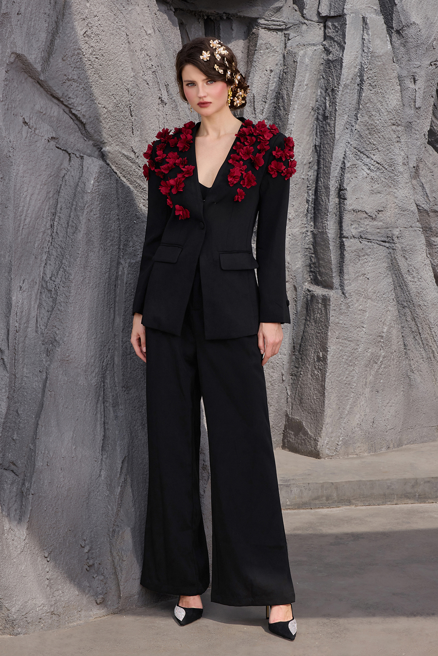 3D Flower V-Neck Top &  Loose Pants Set