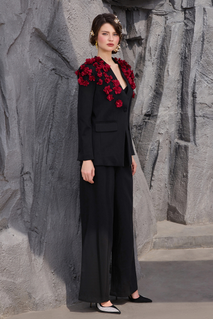 3D Flower V-Neck Top &  Loose Pants Set