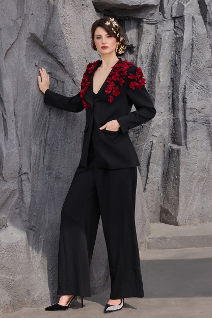 3D Flower V-Neck Top &  Loose Pants Set