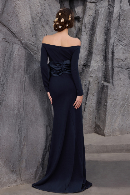 Solid Bow Long Sleeve Off-Shoulder Maxi Dress