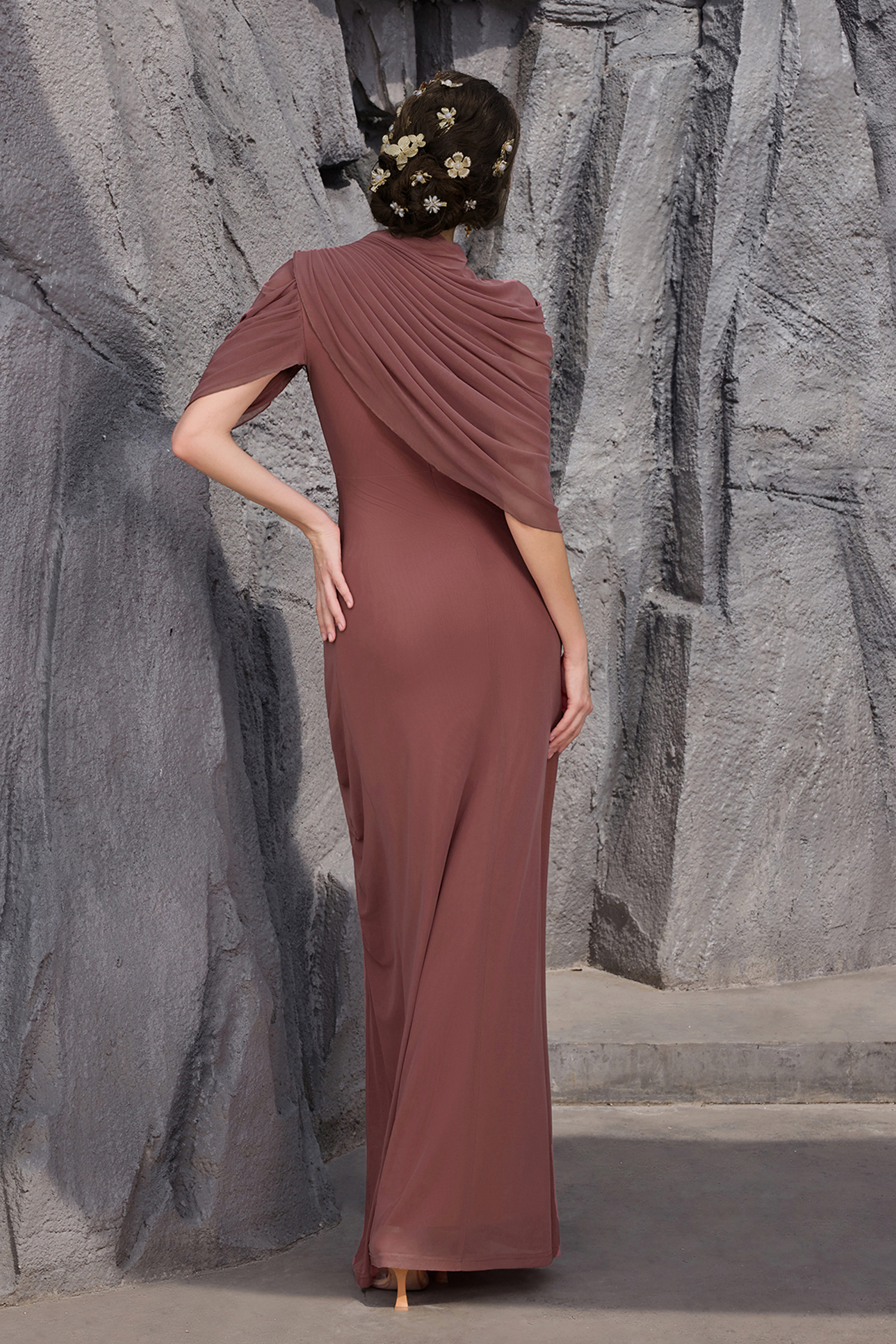 Ruched Asymmetrical High Neck Maxi Dress