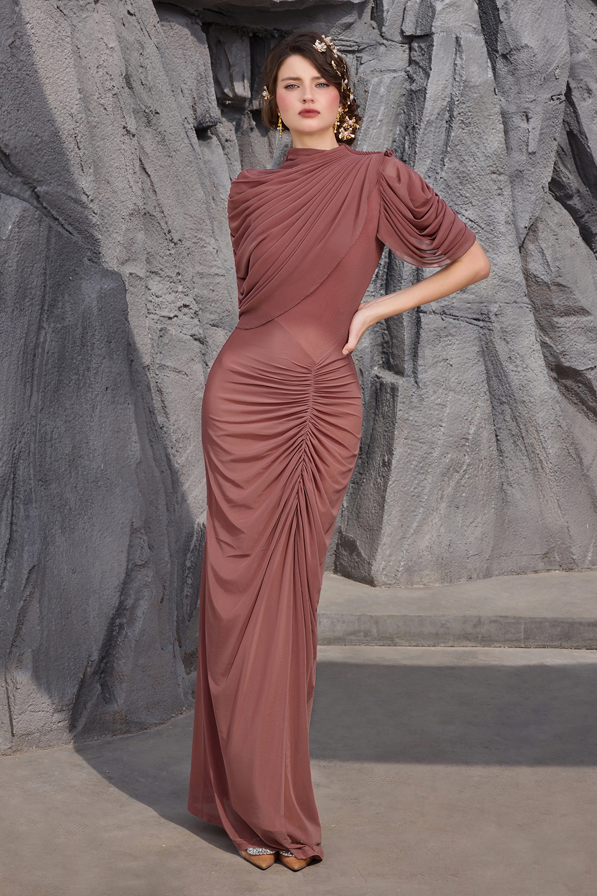 Ruched Asymmetrical High Neck Maxi Dress