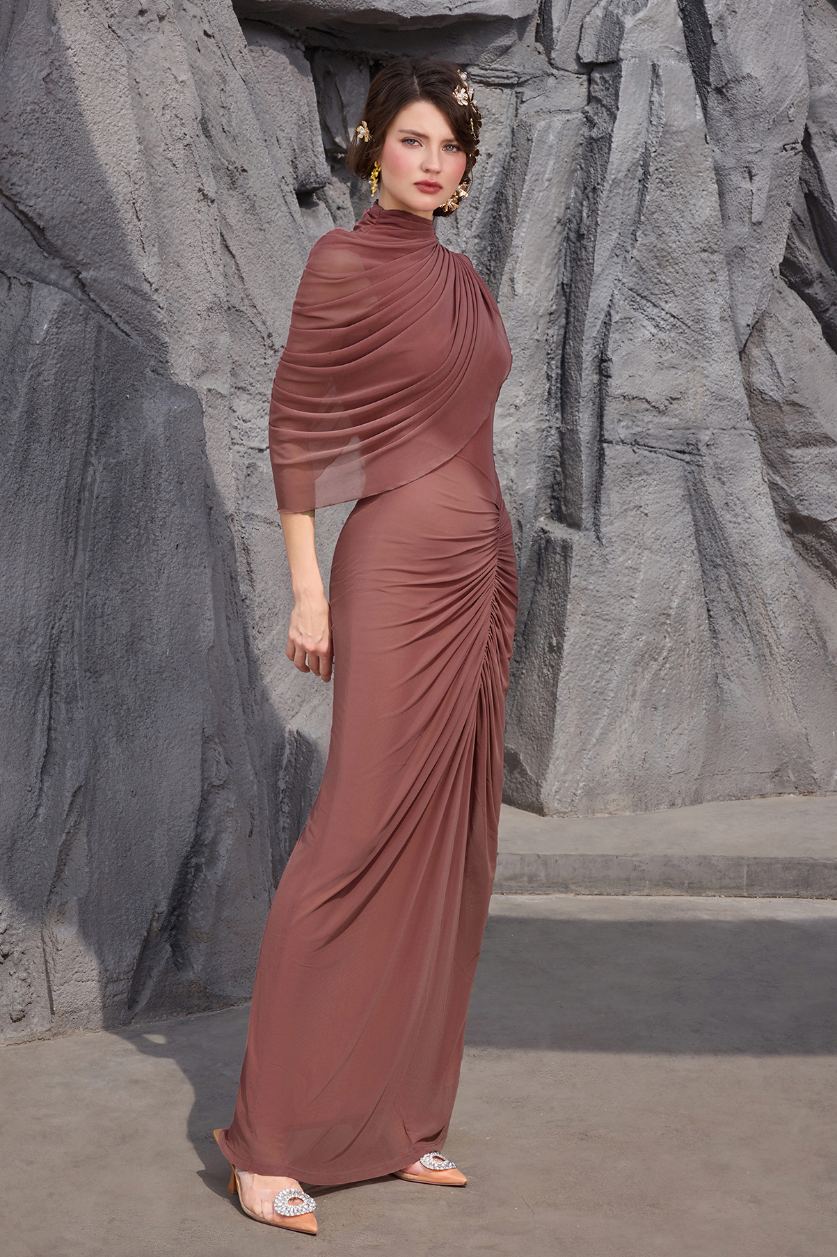 Ruched Asymmetrical High Neck Maxi Dress