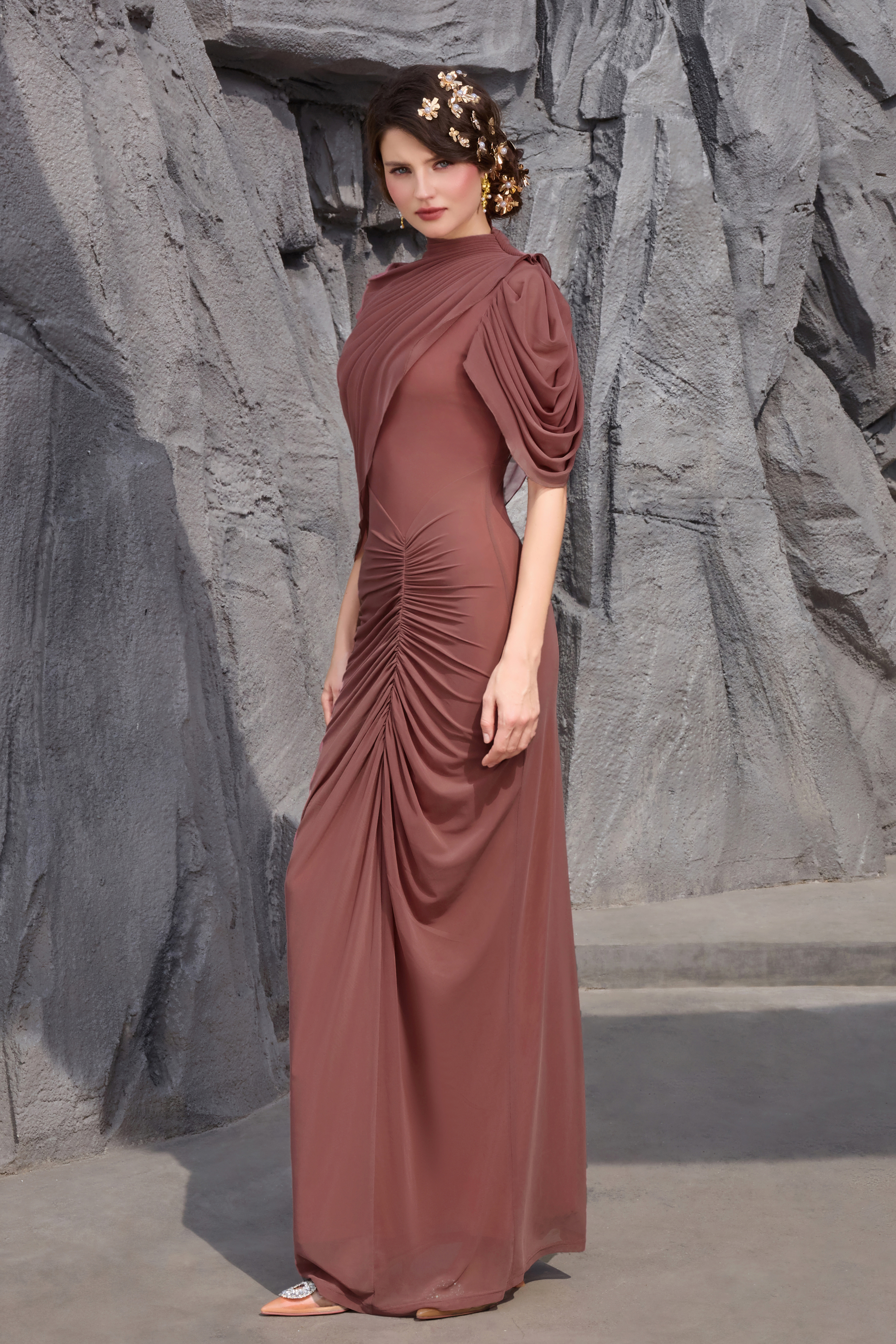 Ruched Asymmetrical High Neck Maxi Dress