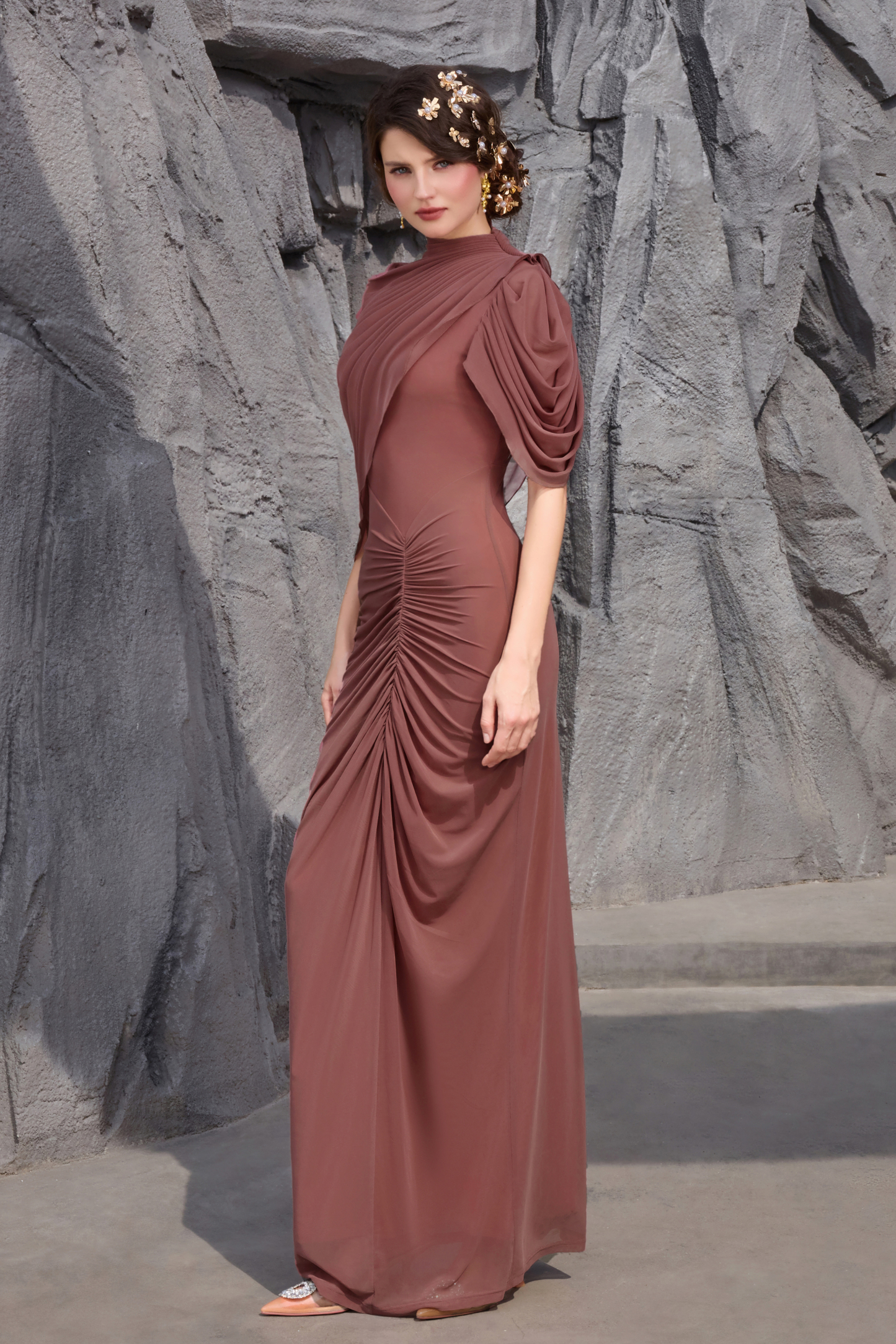 Ruched Asymmetrical High Neck Maxi Dress