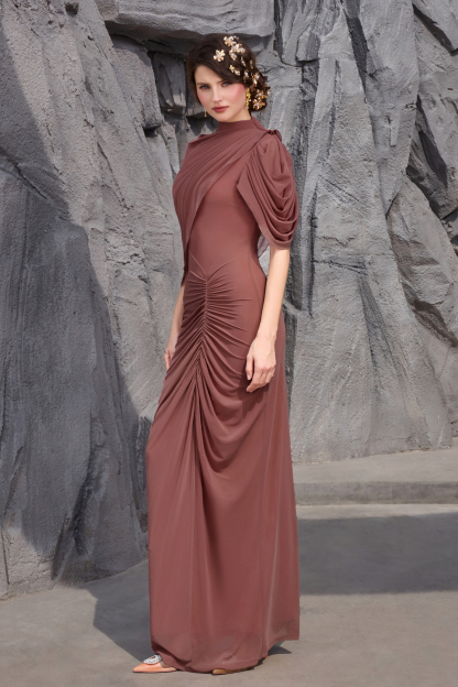 Ruched Asymmetrical High Neck Maxi Dress