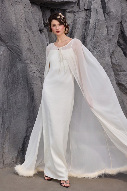 Slip Satin Maxi Dress With Ostrich Feather Cape