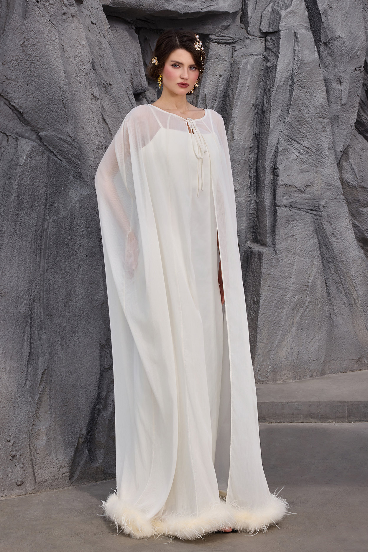 Slip Satin Maxi Dress With Ostrich Feather Cape