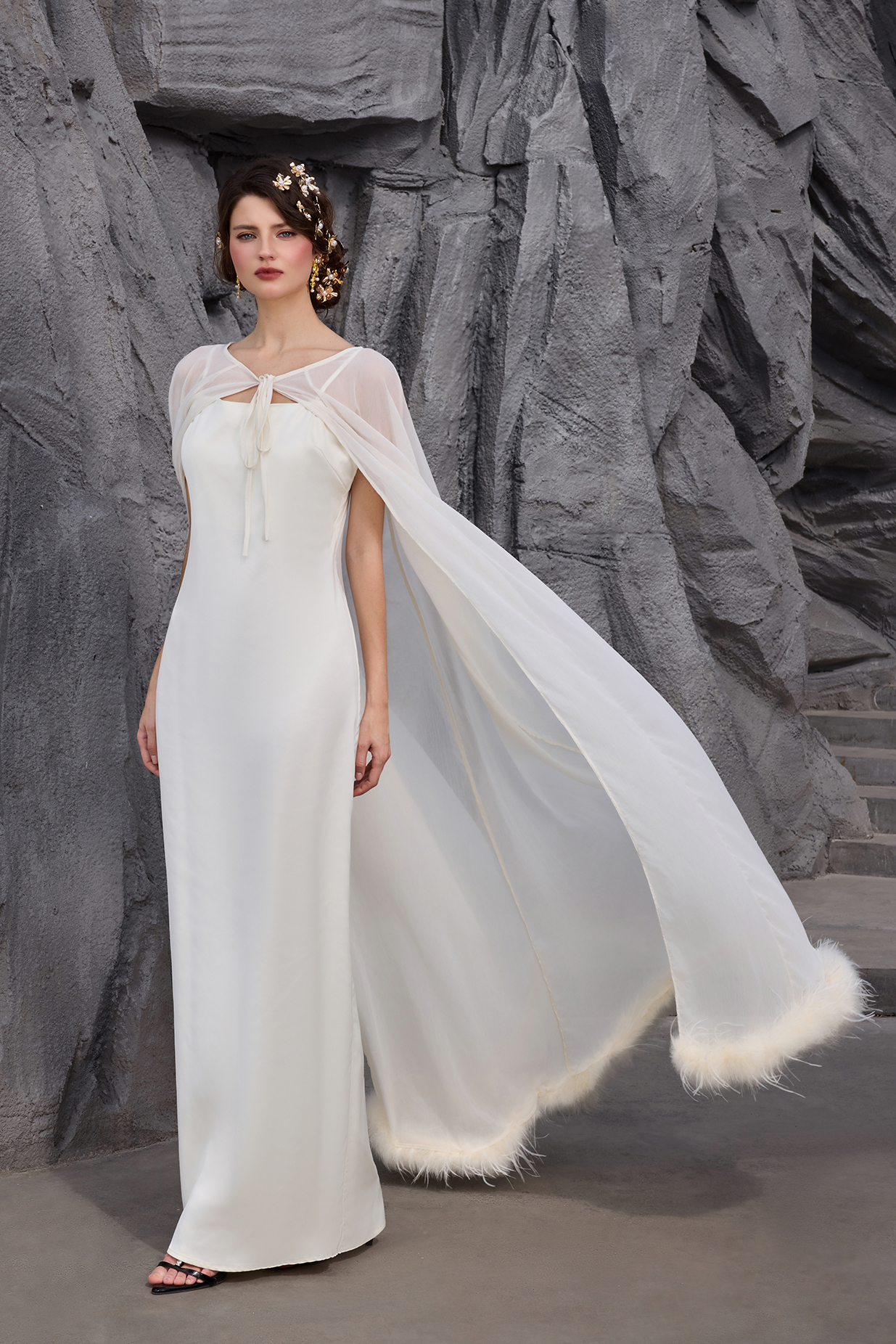 Slip Satin Maxi Dress With Ostrich Feather Cape