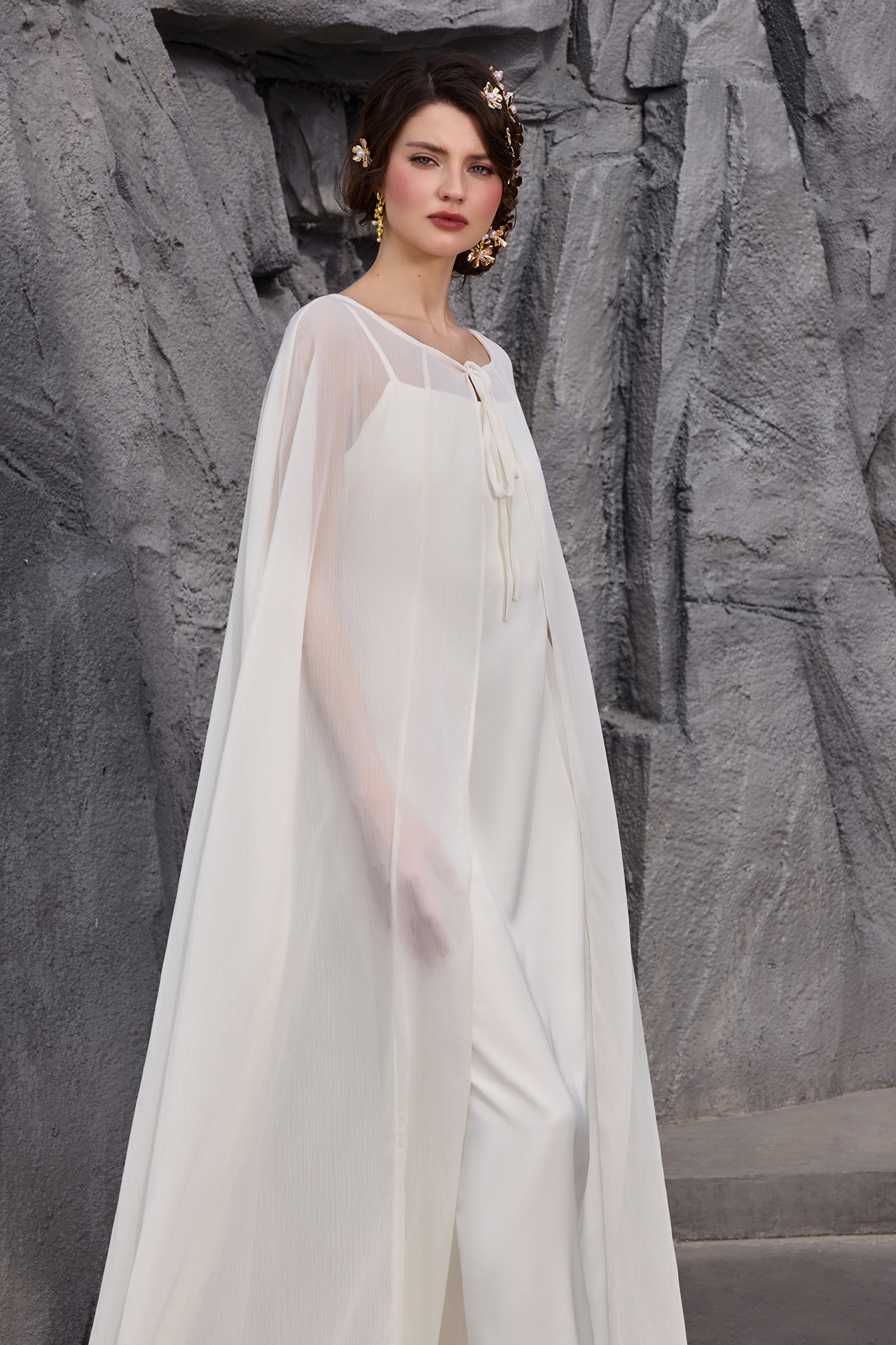 Slip Satin Maxi Dress With Ostrich Feather Cape