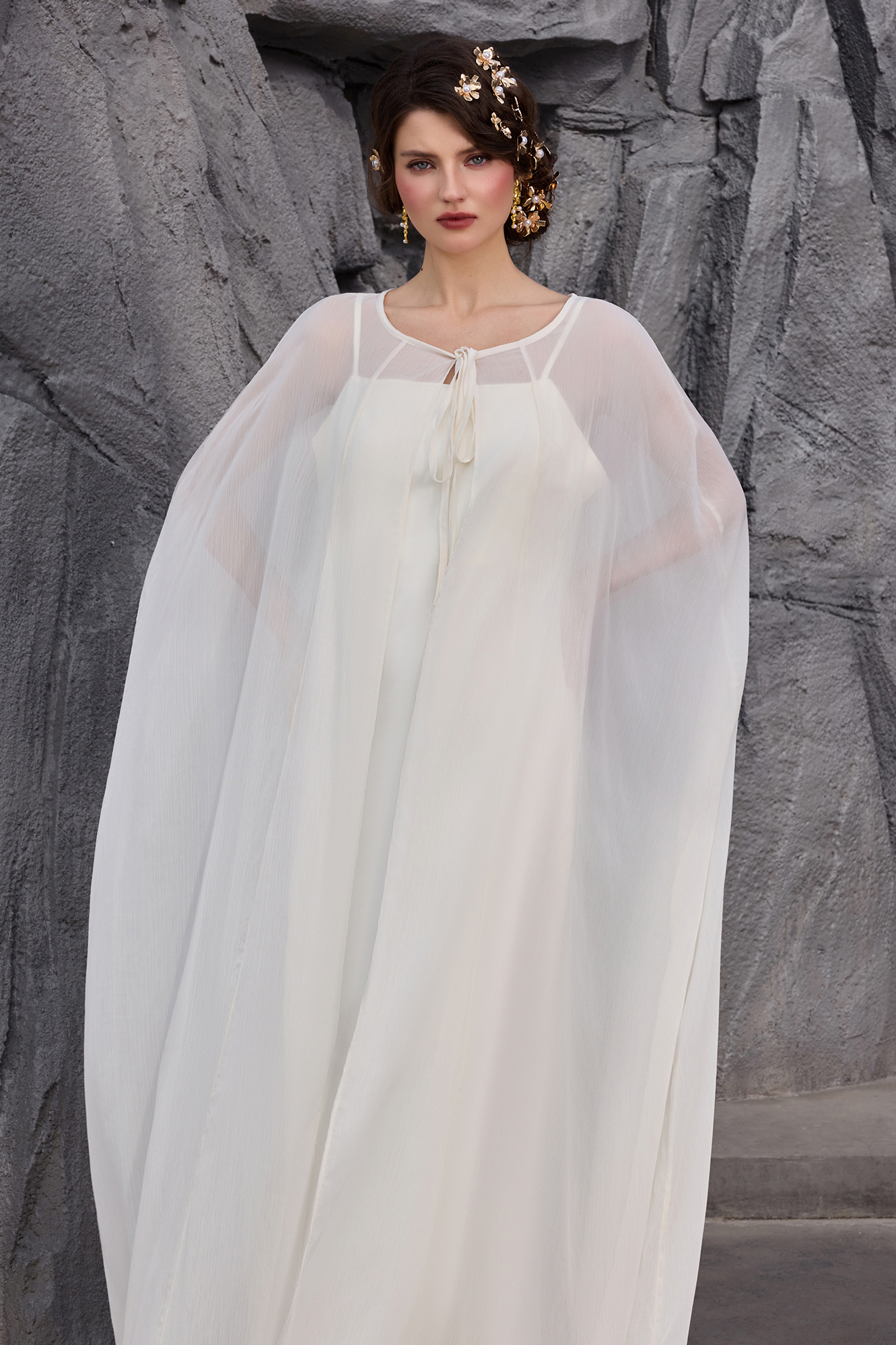 Slip Satin Maxi Dress With Ostrich Feather Cape