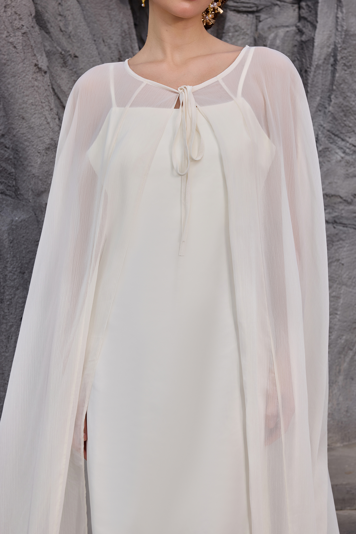 Slip Satin Maxi Dress With Ostrich Feather Cape