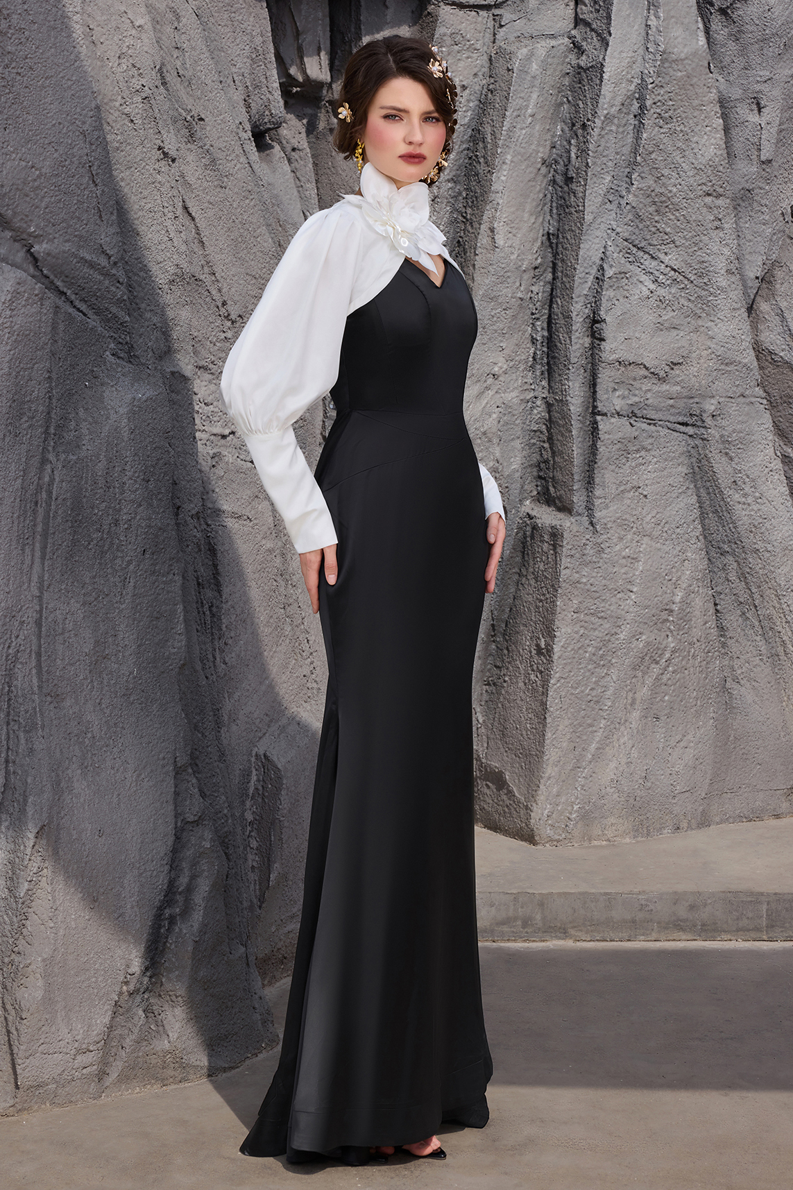 Satin Contrast Color Off-Shoulder 3D Flower Maxi Dress