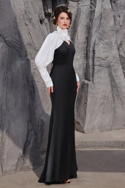 Satin Contrast Color Off-Shoulder 3D Flower Maxi Dress