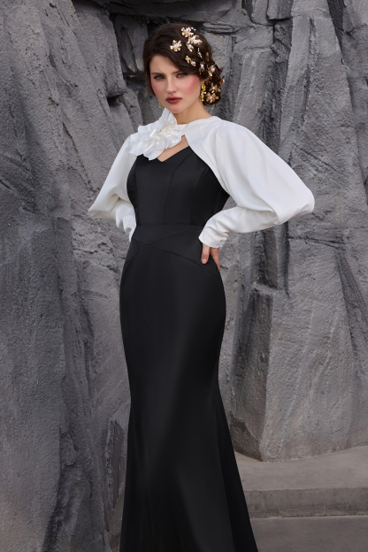 Satin Contrast Color Off-Shoulder 3D Flower Maxi Dress