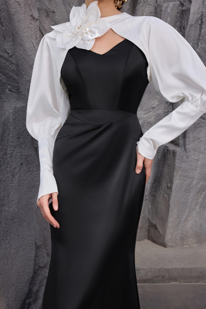 Satin Contrast Color Off-Shoulder 3D Flower Maxi Dress