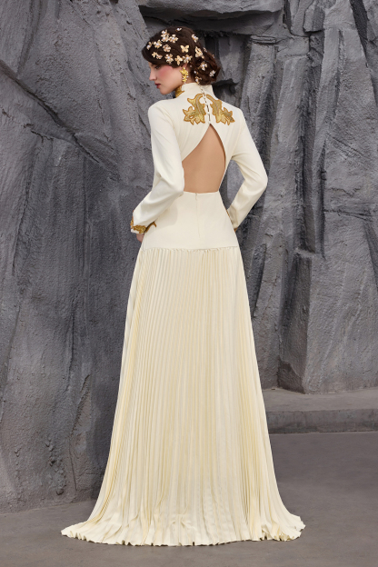 Appliquéd V-Neck Pleated Maxi Dress