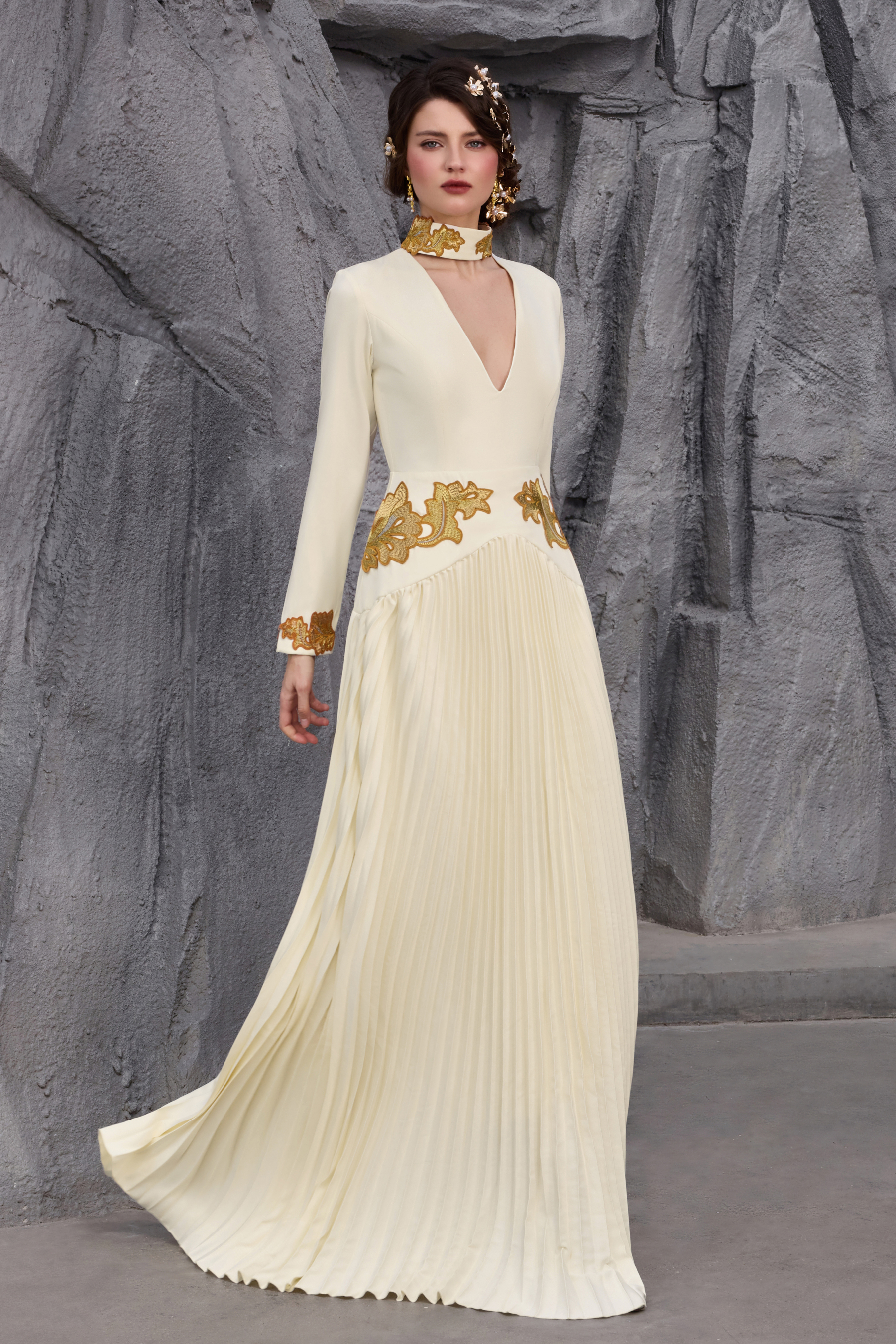 Appliquéd V-Neck Pleated Maxi Dress