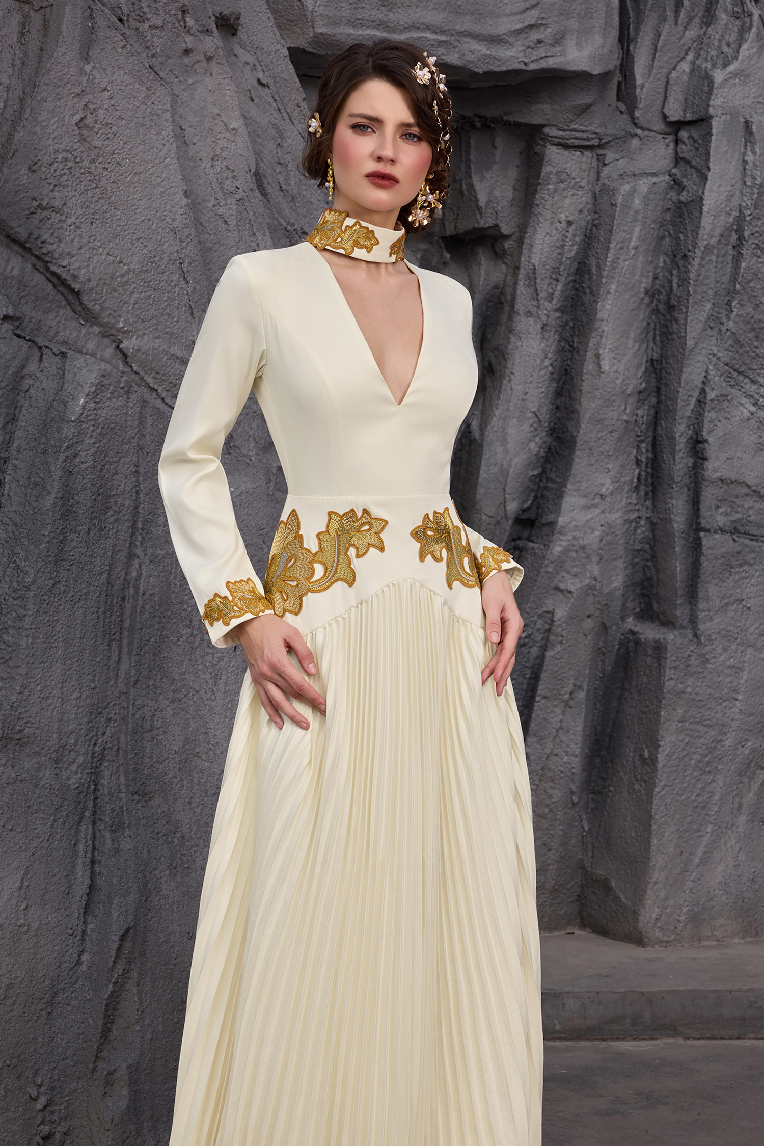 Appliquéd V-Neck Pleated Maxi Dress