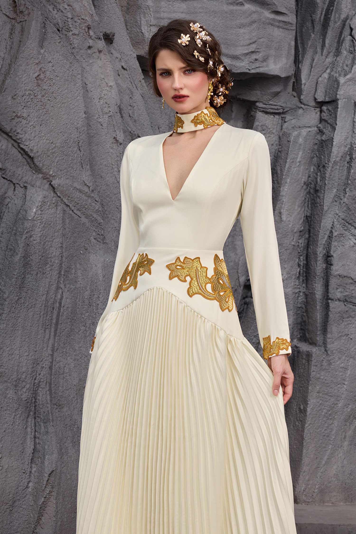 Appliquéd V-Neck Pleated Maxi Dress