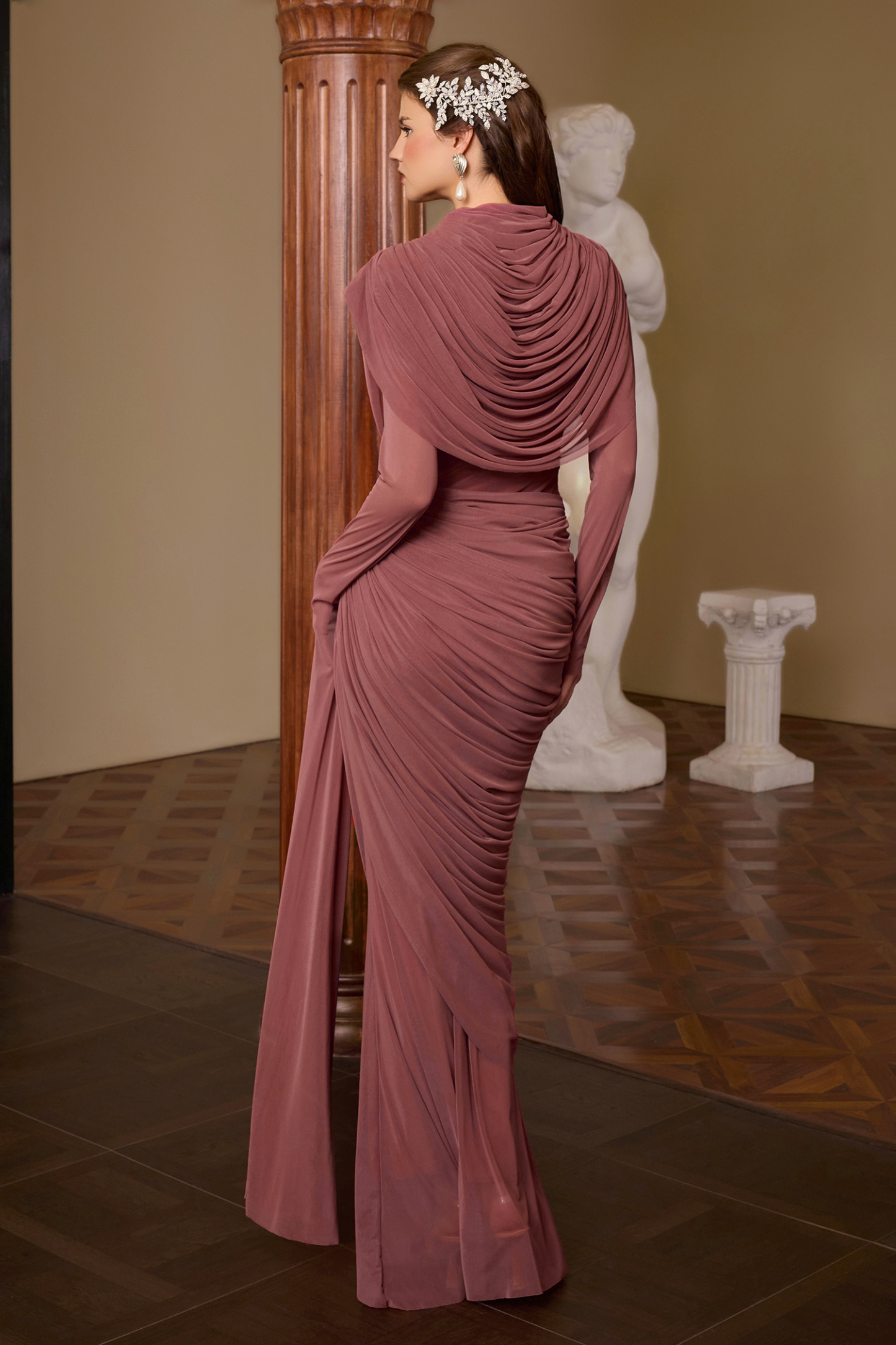 Mesh Gathering Asymmetrical Sleeve Maxi Dress