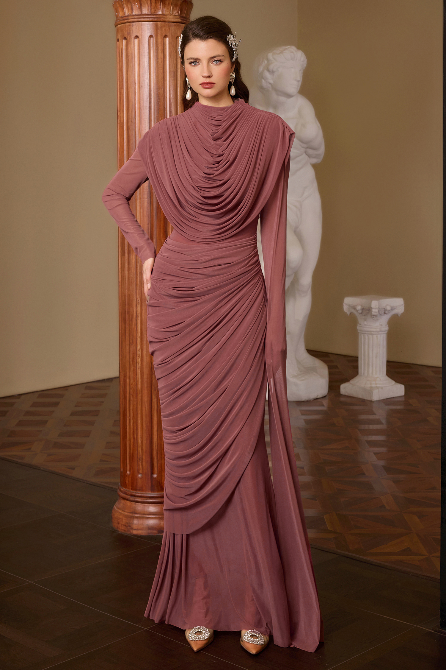 Mesh Gathering Asymmetrical Sleeve Maxi Dress