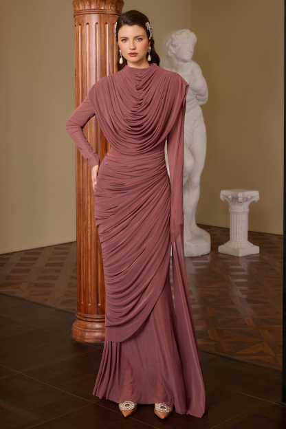Mesh Gathering Asymmetrical Sleeve Maxi Dress