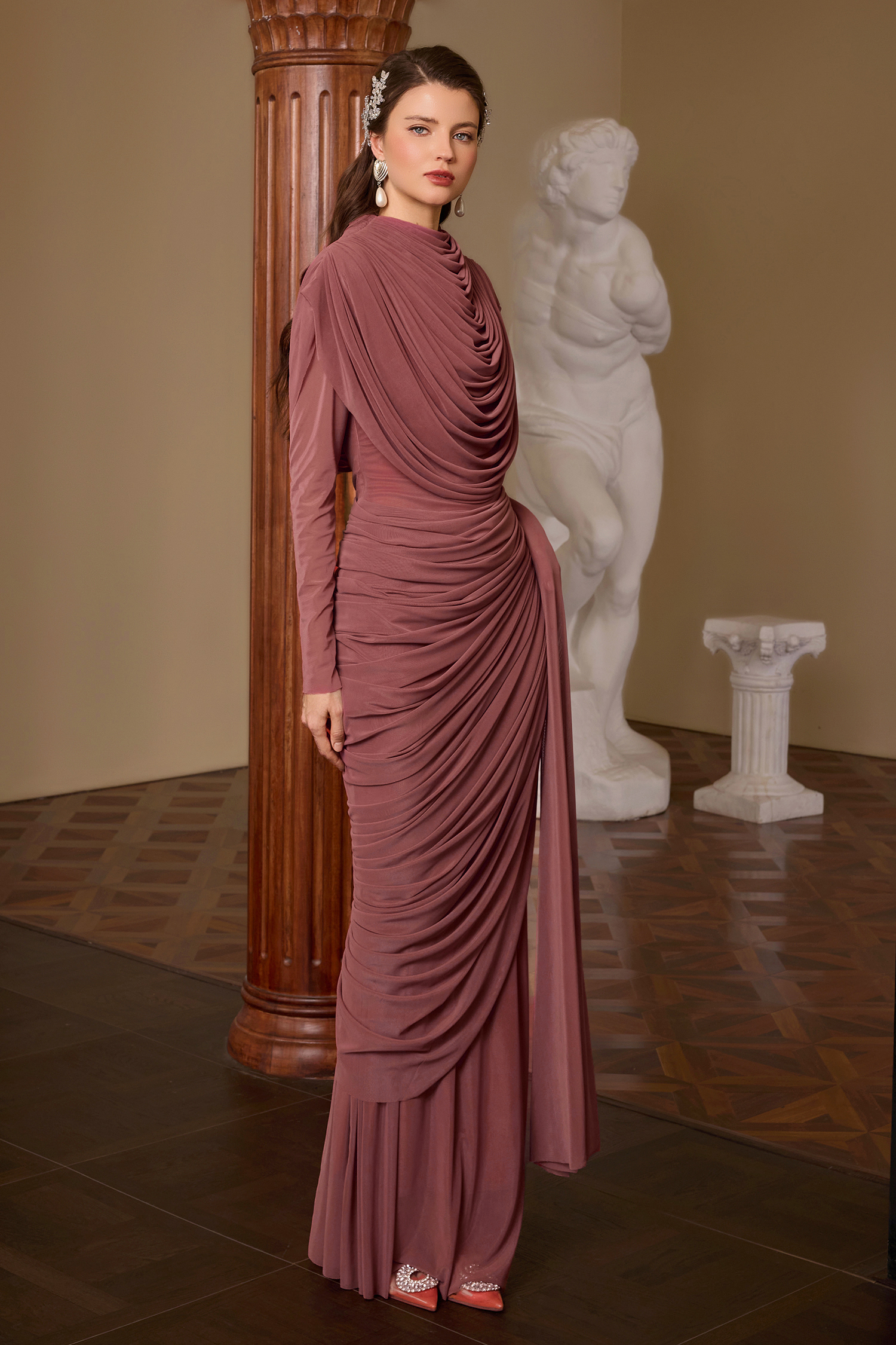 Mesh Gathering Asymmetrical Sleeve Maxi Dress