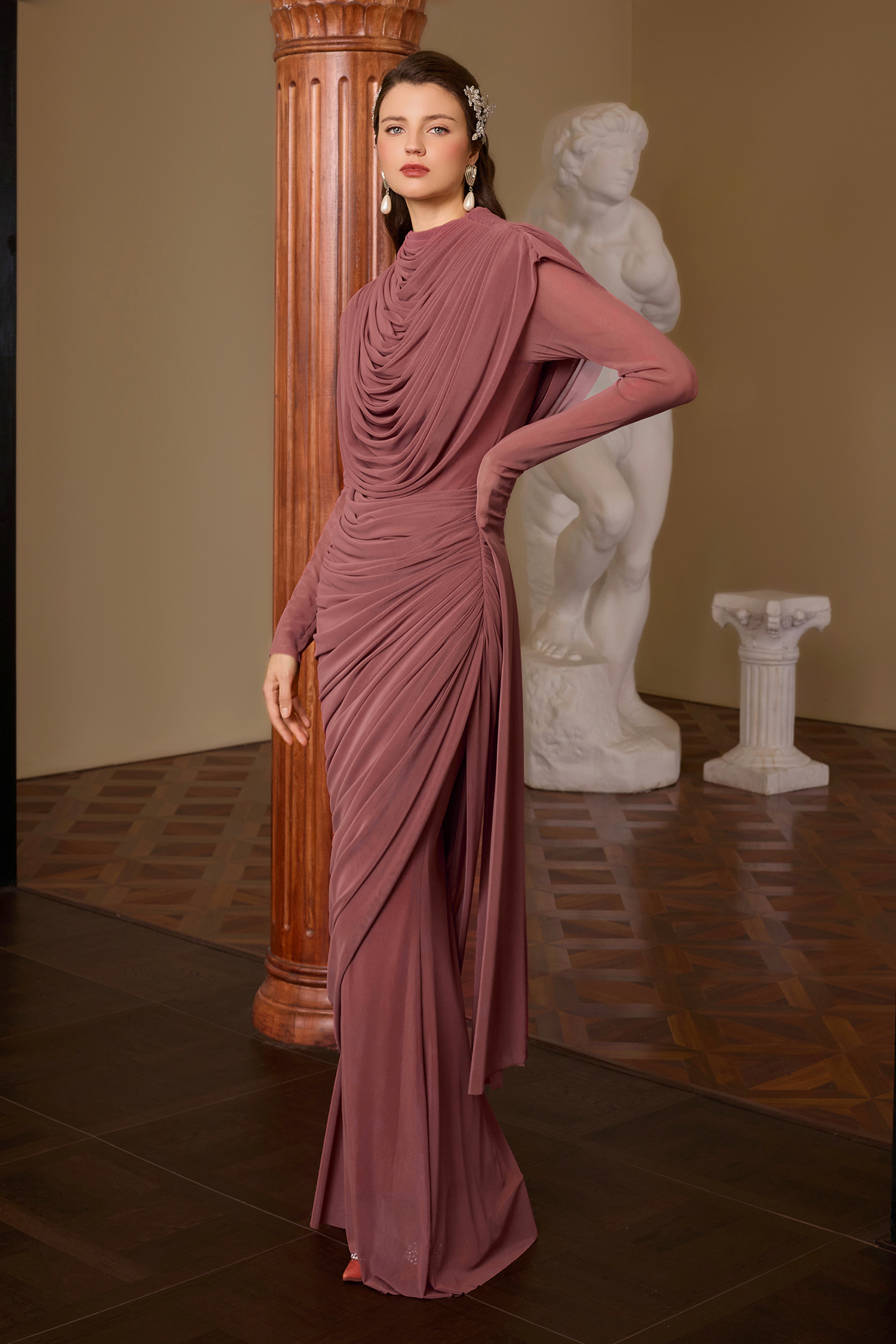 Mesh Gathering Asymmetrical Sleeve Maxi Dress