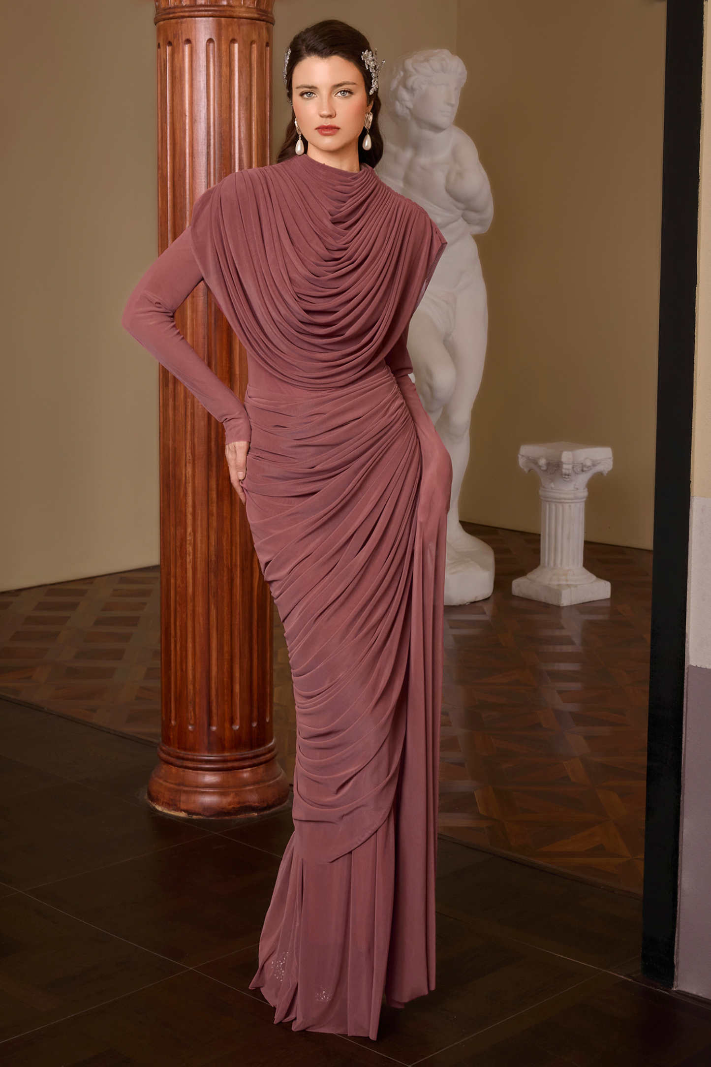 Mesh Gathering Asymmetrical Sleeve Maxi Dress