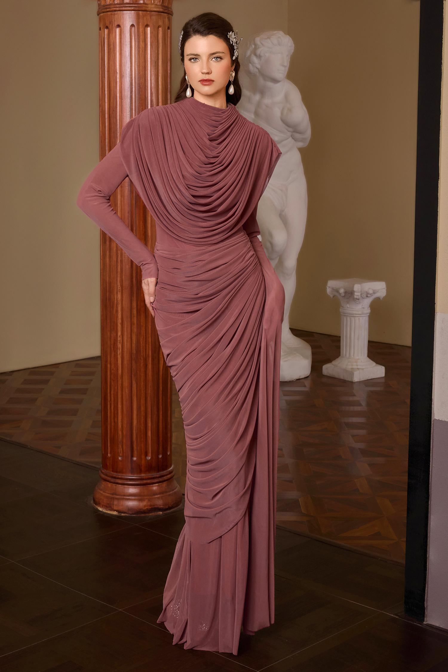 Mesh Gathering Asymmetrical Sleeve Maxi Dress