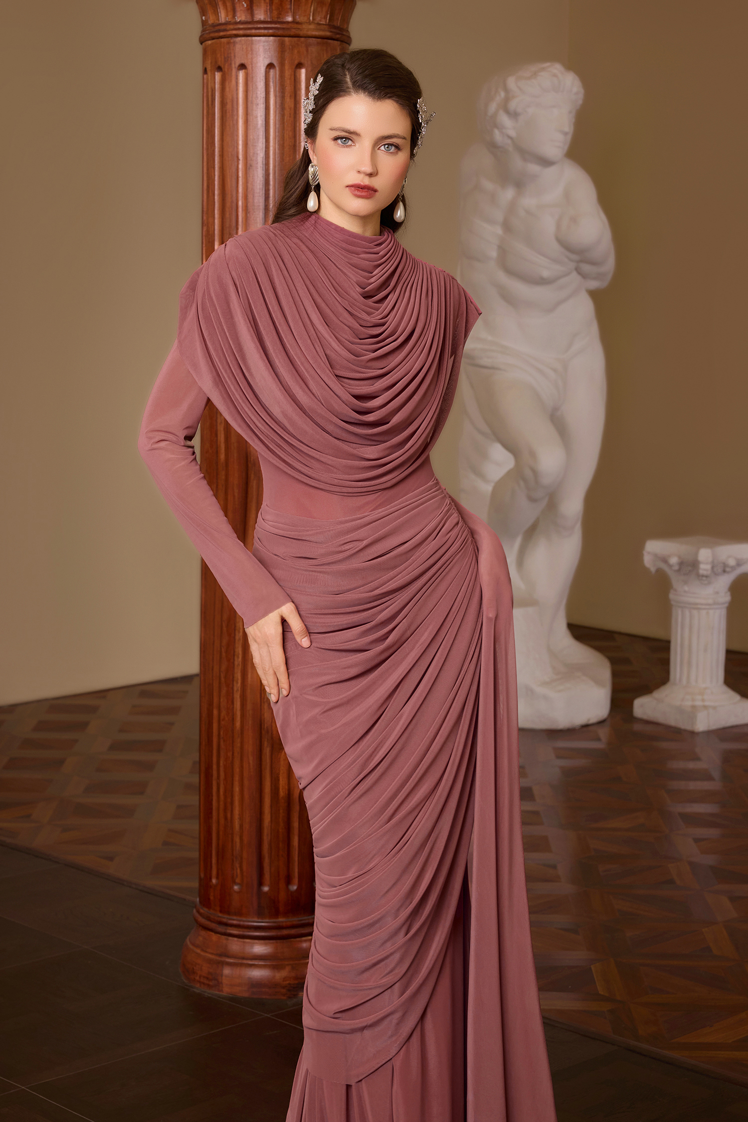 Mesh Gathering Asymmetrical Sleeve Maxi Dress