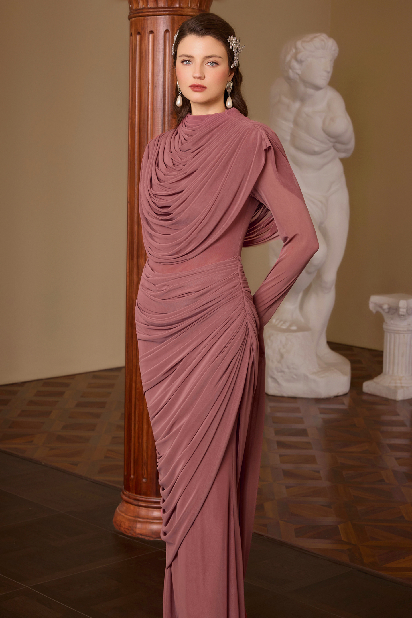 Mesh Gathering Asymmetrical Sleeve Maxi Dress