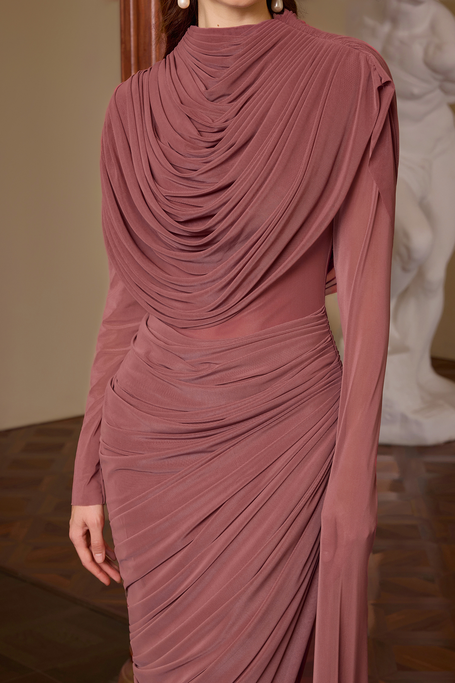 Mesh Gathering Asymmetrical Sleeve Maxi Dress